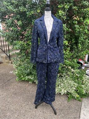 Yoana Baraschi Navy Blue Lace Blazer and Pants Evening Suit 6